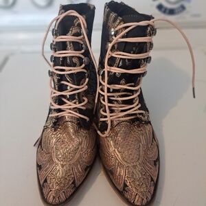 Chic Black and Gold Embroidered Lace-Up Boots